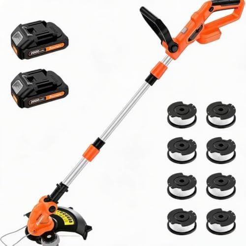 20V Electric Weed Wacker Edger Lawn Tool, Battery Powered Weed Eater 12-Inch Cordless String Trimmer Grass Trimmer Lightweight Yard Tools for Garden, Lawn Mower Cutter with 2 2.0Ah Battery Orange