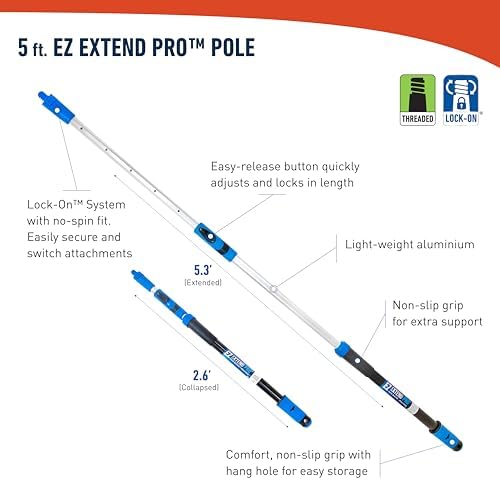 Unger Professional Lock-On Multi-Angle Wash Brush, Grout Brush and EZ Extend Pro Telescopic Pole for Outdoor Cleaning, Adjustable 5 FT Pole Extends Reach