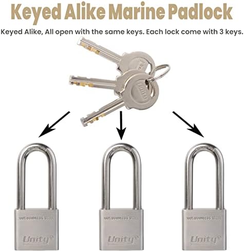 Unity Marine Padlock Keyed Alike 100% Stainless Steel Weatherproof for Sea, Boat, Port, Gate, Anti-Pick (2, 40mm Long Shackle)
