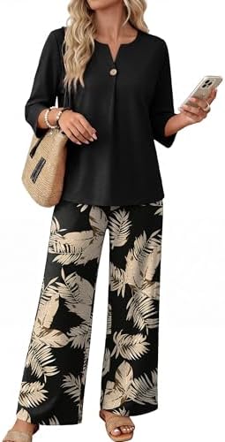 WIHOLL Two Piece Sets for Women 3/4 Length Sleeve Lounge Sets Summer Spring Vacation Travel Outfits Fashion Clothing