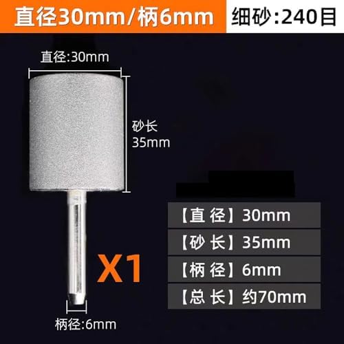 6-40mm Diamond Grinding Wheel Cylinder Shape, 240 Grit Mounted Points for Lapidary Glass Stone Carving, 6-8mm Shank Rotary Accessories (1 PC)(30mm)
