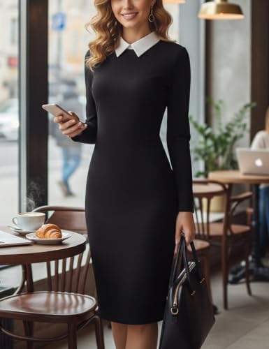 Aphratti Women's Peter Pan Collar Sheath Dress with Sleeves Business Office Wear to Work Professional Outfits