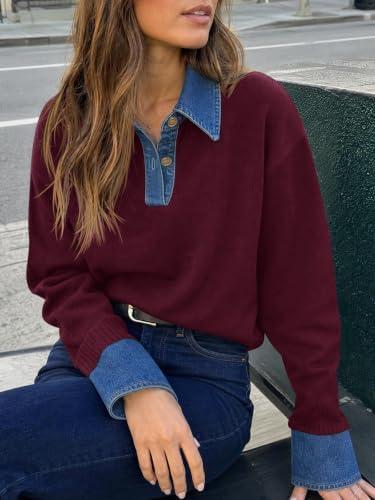 Saodimallsu Womens Denim Patchwork Sweaters V Neck Polo Pullover Tops