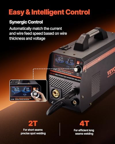 VEVOR MIG Welder, 160A Synergic Mig Welding Machine, 4-in-1 Gas MIG/Flux Core MIG/Stick/Lift TIG Multi-Process Welder Machine, 110V/220V Dual Voltage Mig Welder with IGBT Inverter & LCD Screen Display