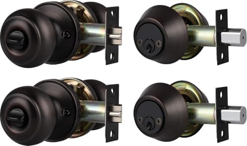 2 Pack Keyed Alike Door Knob with Double Cylinder Deadbolt Lock Set, Oil Rubbed Bronze Door Lock Sets Exterior, Round Style Door Knob Deadbolt Combination Set