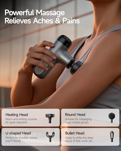 HEYCHY Mini Massage Gun Deep Tissue with Heat, FSA Eligible Massager Gun for Back Neck Relief, Portable Percussion Muscle Massager with 4 Massage Heads for Athletes, Men Women, HSA Eligible