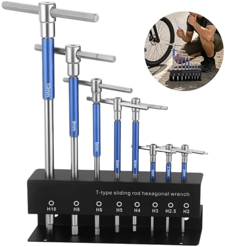 8 Pcs T Handle Hex Wrench Set, Chrome Vanadium Steel Metric Allen Key Kit with Storage Rack, 2-10 mm, Sliding Handle & Rotating Sleeve Design for Auto, Bicycle, Motorcycle Repair & Furniture Assembly