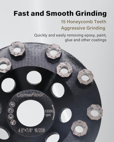 Diamond Grinding Cup Wheel for Hard Concrete Floor, Epoxy Coating Removal, 15 Aggressive Honeycomb Segments, 4.5 Inch 7/8" Arbor, 16/20 Grit