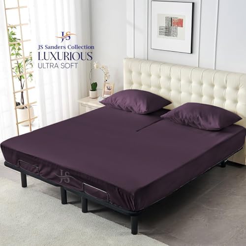 JS Sanders Collection 600TC Flex Top Queen Sheets for Sleep Number Bed - 100% Cotton 4 Pcs Top Split Queen Sheets for Adjustable Bed Queen 30 Inch Down Plum -18 Inch Deep
