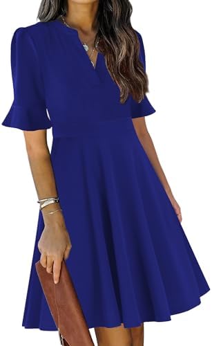 Mokayee Womens Summer V Neck Ruffle Short Sleeve Fit and Flare Knee Length Church Wedding Guest Dresses with Pockets