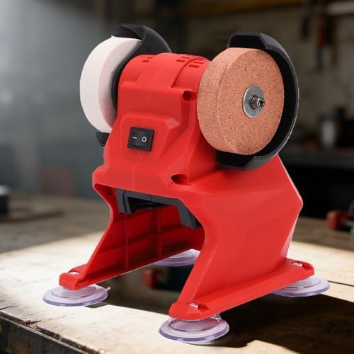 Asixxsix Mini Bench Grinder, 5500RPM 18V Battery Cordless Polisher Sander with Coarse Fine Corundum Wheels and Metal Protective Cover for Rust Removal Drill Bit Knife Sharpening