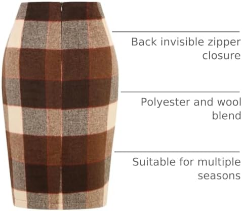 IDEALSANXUN Plaid Skirts for Women Fall Winter Knee Length Pencil Wool Skirt with Slit
