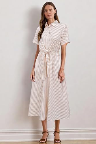 Newshows Women's Work Business Casual Outfits Tie Waist Midi Shirt Dress