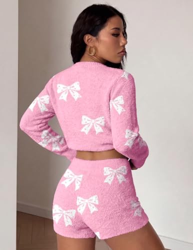 Ekouaer Fuzzy Fleece Pajamas 2 Piece Warm Soft Lounge Set Long Sleeve Sweater Top and Shorts Loungewear Outfits Sweatsuits
