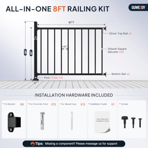 36in H x 8ft W Modular Aluminum Porch and Deck Railing Kit