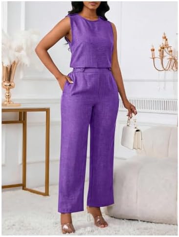 Floerns Women's 2 Piece Sets Dressy Outfits Bussiness casual Crew Neck Sleeveless Blouse and Elegant Pants Set