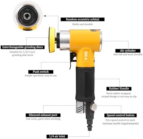 1/2/3in Mini Orbital Sander Pneumatic da sander Polisher for Auto Body Work Wood working, with 18 Pcs 1/2/3in Polishing Sponge & Wool Pads, 30Pcs Sandpapers (Yellow)