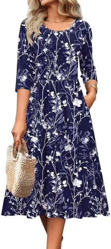 Zeagoo 3/4 Sleeve Women's Dress Casual Aline Summer Fall Midi Long Dresses