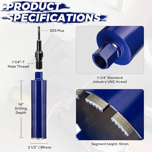3-1/2" Pro Concrete Core Drill Bit with SDS Plus Adapter (1-1/4"-7 Thread) - 14" Cutting Depth & Upgraded Welded Core Bits for Concrete with Rebar, Brick, Masonry,Stucco,Mortar,Wet Coring
