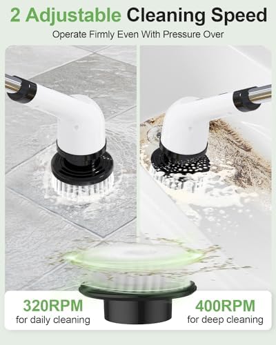 Electric Spin Scrubber, Cordless Cleaning Brush, Shower Scrubber with 8 Brush Heads 2H Power Dual Speed, Adjustable Extension Handle, IPX7 Waterproof for Tub Tile Car Floor Polishers, PA-25.