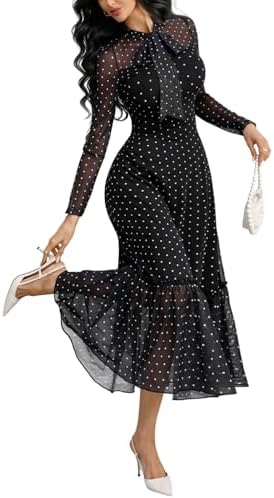 GothDark Polka dot Dress for Women Tie Neck Bow Ruffle Fall Vintage Dress