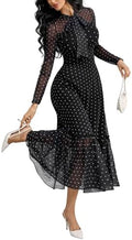 GothDark Polka dot Dress for Women Tie Neck Bow Ruffle Fall Vintage Dress