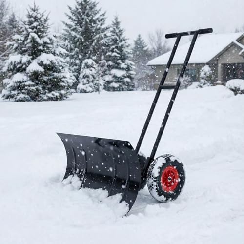 40" Heavy-Duty Wheeled Snow Shovel with Adjustable Handle & Blade – Angled Snow Pusher for Driveway, Sidewalk, Deck & Steps