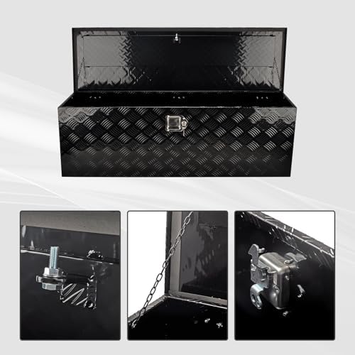 48 Inch Heavy Duty Aluminum Truck Tool Box Pick Up Truck Bed RV Trailer Toolbox Storage Organizer with Side Handle, Lock & Keys，Black,5 Bar Tread 48"(L) X15''(W) X15(H) Storage Box