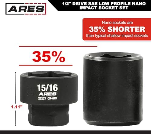 ARES 29021 11-Pc 1/2in SAE Nano Sockets, Low Profile, w/Rail | Impact grade sockets offer greater clearance than typical shallow sockets