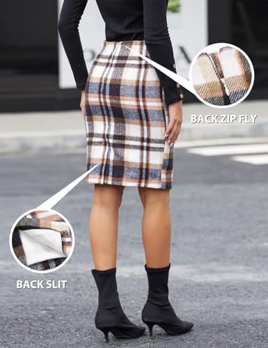 IDEALSANXUN Plaid Skirts for Women Fall Winter Knee Length Pencil Wool Skirt with Slit
