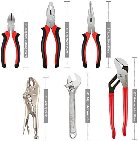 MAXPOWER 6 Pieces Wrench and Pliers Set, Come with Kitbag, Included 8" Long Nose and Lineman's Plier, 8" Adjustable Wrench, 6" Diagonal Cutter, 7" Locking Pliers, 10" Groove Joint Plier