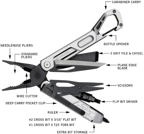 Gerber Gear Stakeout Drive - 10-in-1 Butterfly-Opening Multitool with Needlenose Pliers, Oversized Flip Bit Driver, Plain Edge Blade, Chisel, Bottle Opener, Pocket Clip & Carabiner Carry - Silver