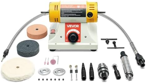 VEVOR Bench Buffer Polisher, 1/2HP Polishing Buffing Machine, 0 to 8000RPM Benchtop Polisher Grinder with 4" Cloth Wheel, 3" Grinding Wheel & 3" Fiber Wheel for Metal, Jewelry, Wood and Plastic