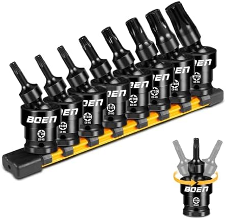 BOEN 8-Pieces Universal Torx Bit Driver Impact Socket, 1/2" Drive Size (T30, T40, T45, T47, T50, T55, T60, T70) With Socket Rail, CR-MO Steel