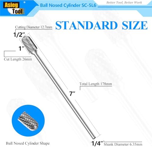 SC-5L6 Tungsten Carbide Burr Lengthened Rotary File Cylindrical Shape with Radius End Double Cut with 1/4" Shank for Die Grinder Drill Bit and 1/2" Inch Diameter of Cutter 1" Inch Cutter Length
