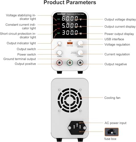 DC Power Supply Variable, Bench Power Supply with Encoder Adjustment Knob, Output Enable/Disable Button, Adjustable Power Supplies with USB Quick-Charge, Short Circuit Alam (60V 5A White)