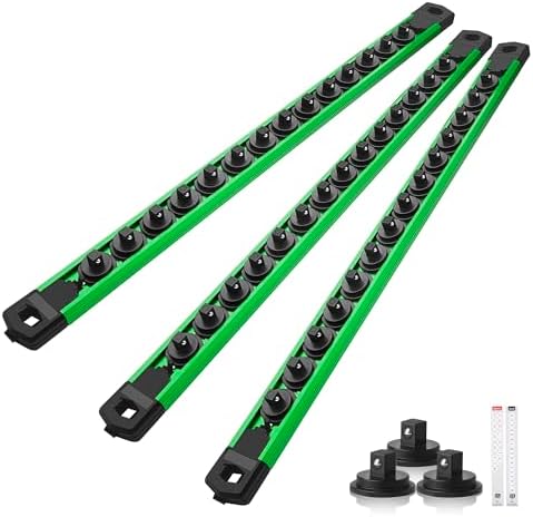 Reniteco Magnetic Socket Organizer Set, 3-Pack 1/4” Socket Rails | 42 Clips, Heavy-Duty Aluminum Alloy Rails, Removable 360° Swivel ABS Clips, Magnetic Base, Tool Box Drawer or Wall Mount