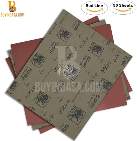 INDASA Rhynowet Red Line Wet Dry Sanding Sheets 9 x 11 Inch 1200 Grit Waterproof Latex Backing Abrasive Paper for Wood Metal Automotive Surface Prep Pack of 50