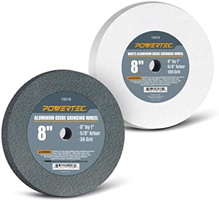 POWERTEC Bench Grinder Wheel 8 Inch 36 & 100 Grit, White Aluminum Oxide Grinding Wheel for Bench and Pedestal Grinder, 1" Thick 5/8" Arbor, Sharpening & Shaping Drill Bits, Blade, Chisel, 2PK (15527)