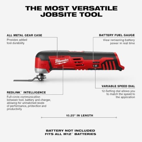 Milwaukee 2426-20 M12 12 Volt Redlithium Ion 20,000 OPM Variable Speed Cordless Multi Tool with Multi-Use Blade, Sanding Pad, and Multi-Grit Papers (Battery Not Included, Power Only)