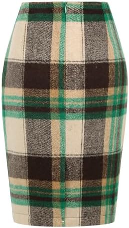 IDEALSANXUN Plaid Skirts for Women Fall Winter Knee Length Pencil Wool Skirt with Slit
