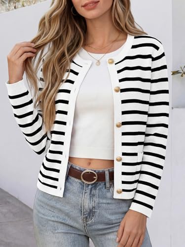 ANRABESS Women's Button Down Cropped Striped Cardigan Sweaters