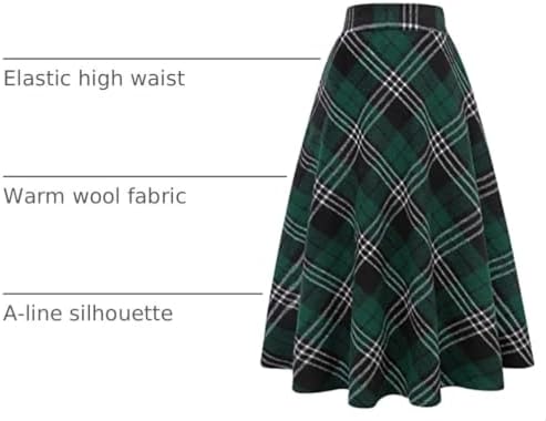 IDEALSANXUN Womens Plaid Wool Skirts Elastic Waist A-Line Pleated Tartan Long Skirts