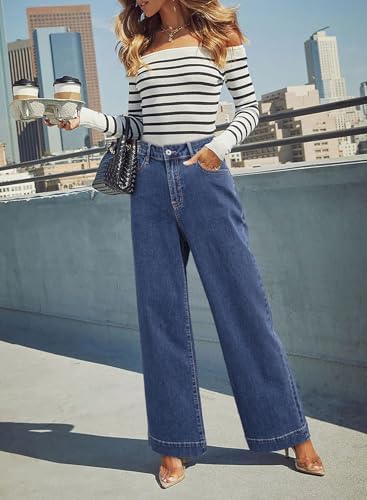 Dokotoo Women's Casual High Waisted Jeans Stretch Wide Leg Loose Denim Pant