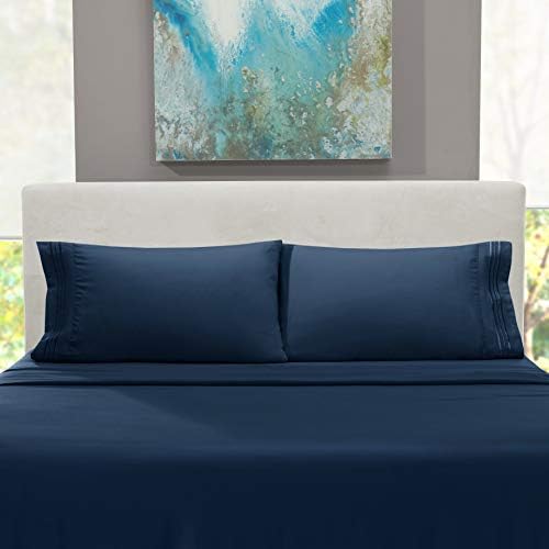 Hearth & Harbor Twin Size Sheets - 3 Piece Bed Sheet Set, Hotel Luxury Double Brushed Bed Sheets - Extra Soft Bedding Sheets & Pillowcases, Twin, Navy Blue