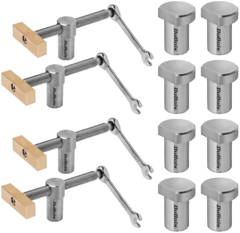 DuBois 51062-P2 Bench Dogs and Clamps Set | 4-PC Low-Profile Workbench Angle Adjustable Screw Clamp Stoppers with 8-PC Stainless Steel Bench Dogs for 3/4" (19mm) Dog Hole