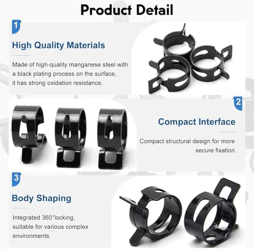 Fielect 0.99"/25mm ID Constant Tension Band Hose Clamps,Spring Band Type Action Hose Clamp Manganese Steel Low Pressure Air Clip for Automotive Mechanical Fuel Water Pipe Air Tube,Black Coated 250pcs