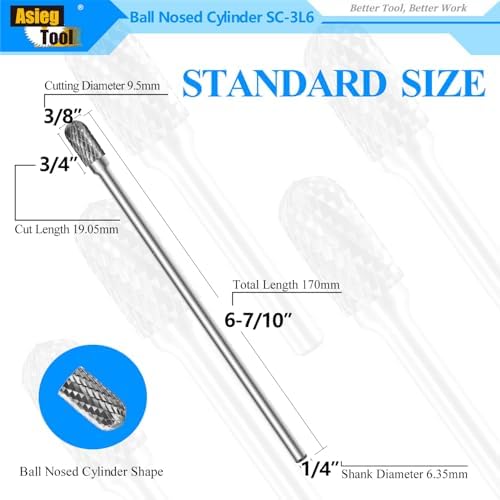 SC-3L6 Tungsten Carbide Burr Rotary File Cylindrical Ball Nose End Shape Double Cut for Die Grinder Drill Bits 1/4'' Inch Diameter of Shank and 3/8'' Inch Diameter of Cutter 3/4'' Inch Cutter Length