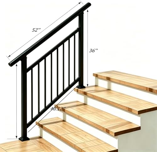 Hand Rails for Outdoor Steps，Stair Handrail & Indoor Stair Railing Kit，Railings for Outdoor Steps for Fence & Outdoor Steps (2, Black-with Balusters, 4 Step)