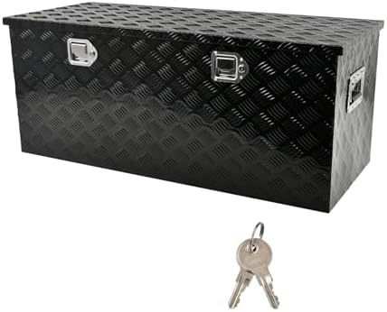 44 Inch Heavy Duty Aluminum Truck Tool Box Pick Up Truck Bed RV Trailer Toolbox Storage Organizer with Side Handle, Lock & Keys，Black,5 Bar Tread 44"(L) X18''(W) X18(H) Storage Box